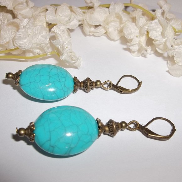 Turquoise Blue and Bronze Statement Earrings 5484 - Picture 4 of 7